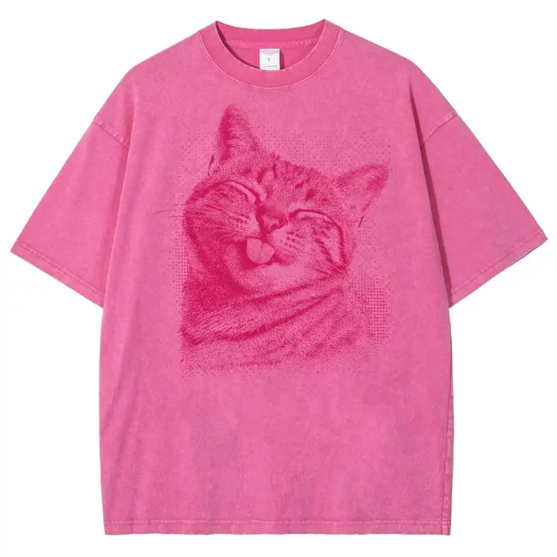 Happy Cat Tongue Out Graphic T-Shirt, Vintage Washed Style Tee, Pink Halftone Kitty Print, Gift For Cat Lovers