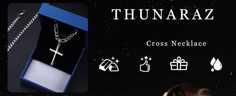 THUNARAZ 2 Pcs Cool 925 Sterling Silver Cross Pendant Necklaces for Men Women Durable Stainless Steel Figaro Link Cuban Chain Crucifix Jewelry Length Chains for Street Parties Birthday Christmas Gifts