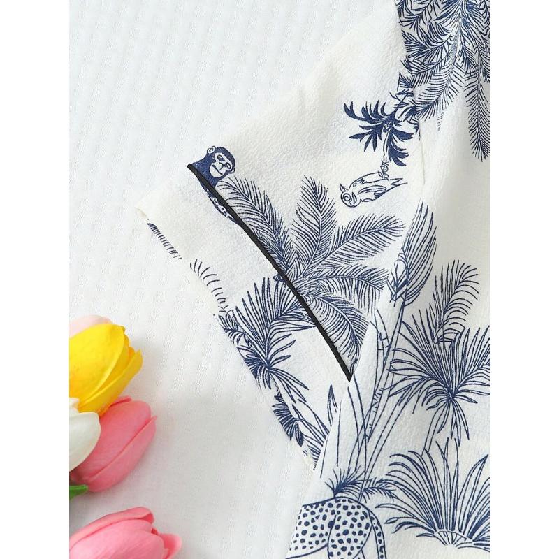 2pcs Soft Palm Tree & Giraffe Print Lapel Button Short Sleeve Top With Pocket And Bowknot Shorts Pajama Set, Women Loungewear For Home Wear, Spring & Summer Fabric Fit rave outfit 90s graphic tees office outfits women ibiza outfits women's summer outfits