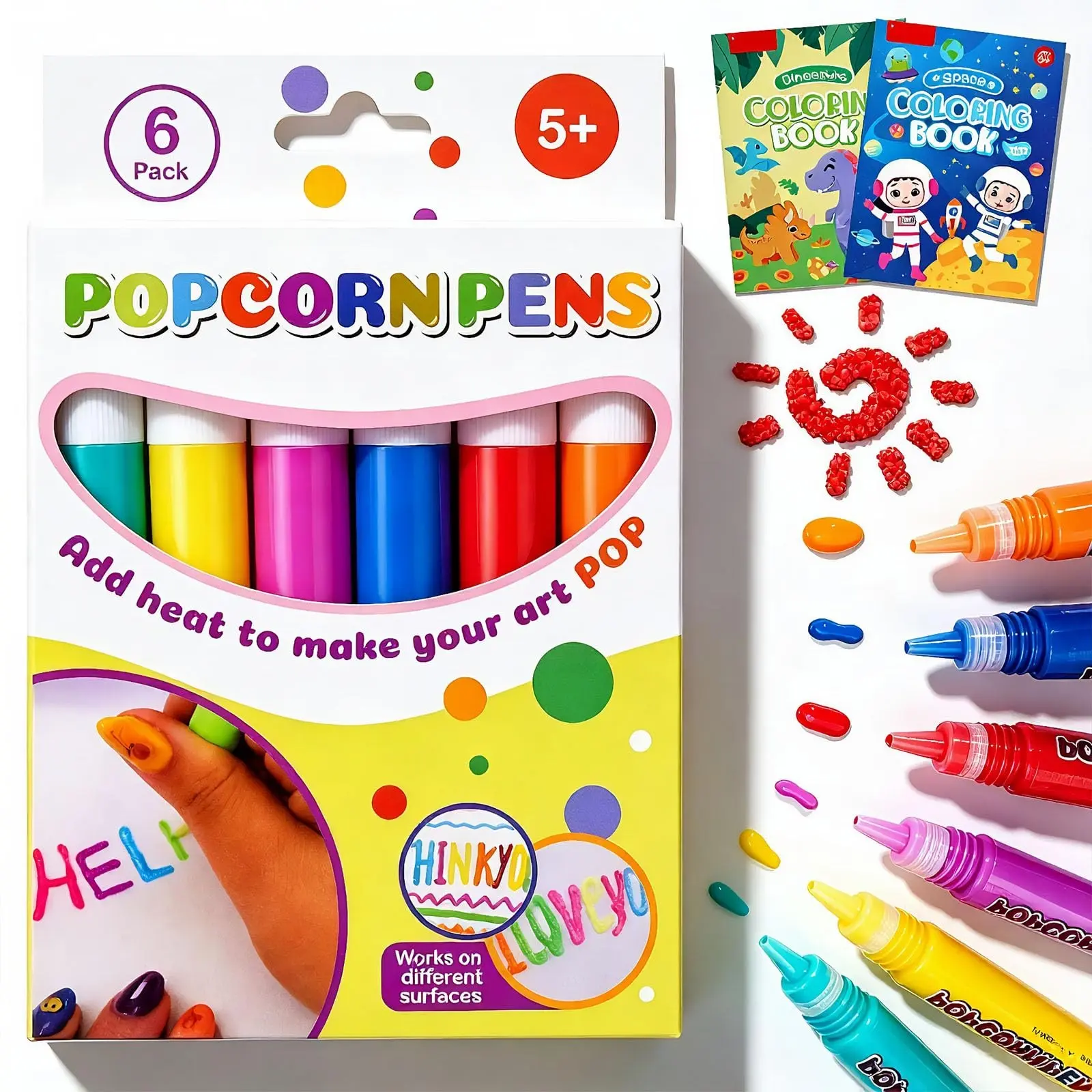 Puffy Popcorn Pens, 3D Art DIY Bubble Popcorn Paint, 6 Colors, Kids Birthday Cards, 6 Pcs Per Box, Creative Craft Supplies