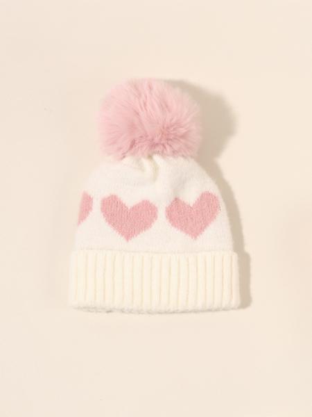 Newborn Knit Hat for Babies 1-3 Years Old, Heart Design Fuzzy Ball Beanie, Warm Winter Outdoor Cap, Casual Daily Commute Wear, Winter Skull Cap
