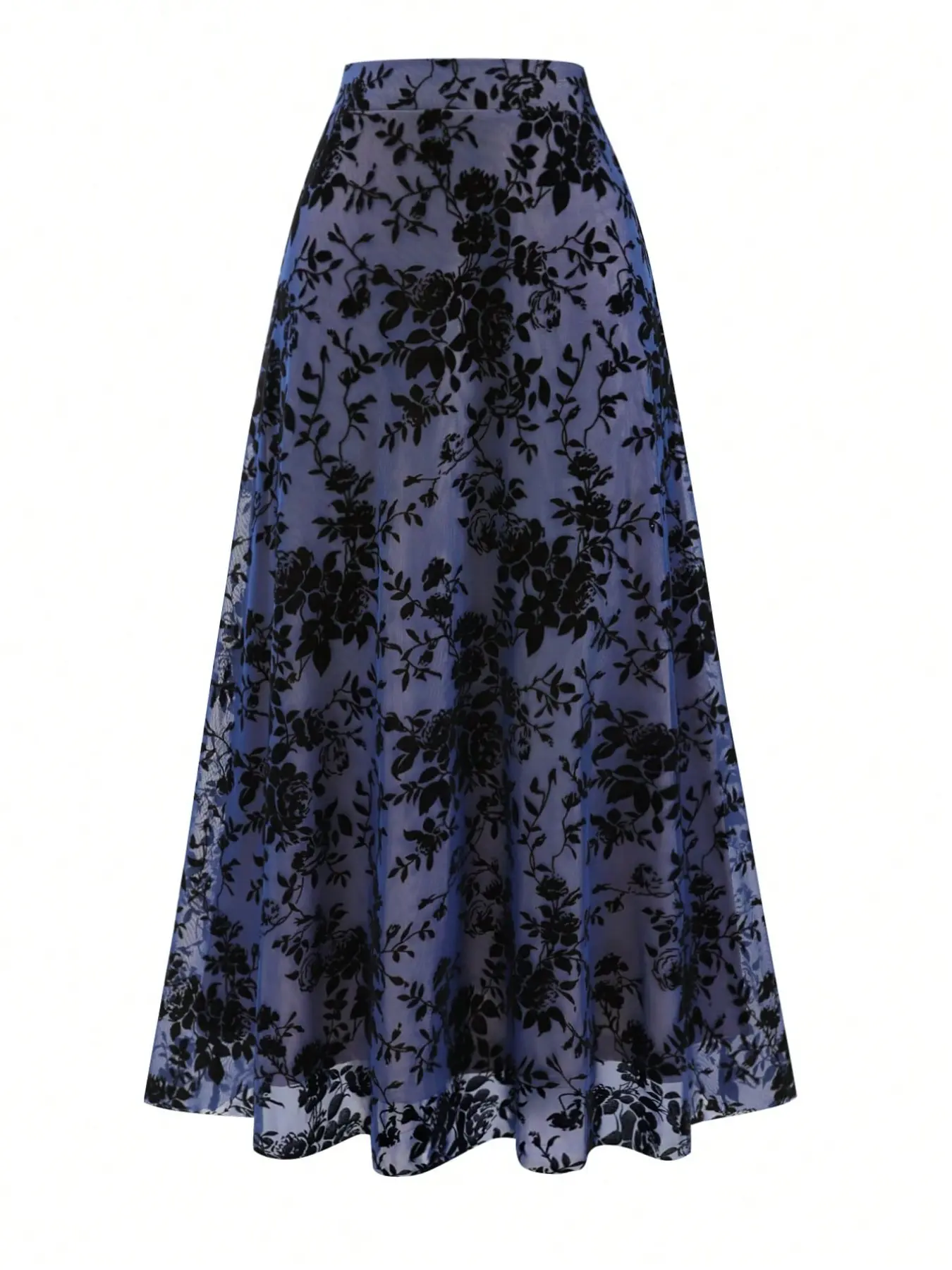 Women's Vintage Rose Velvet Half Skirt, High Waist Double Layer Mesh Sheer A-Line Midi Dress, Floral Print Velvet Flowy Hip Covering Skirt