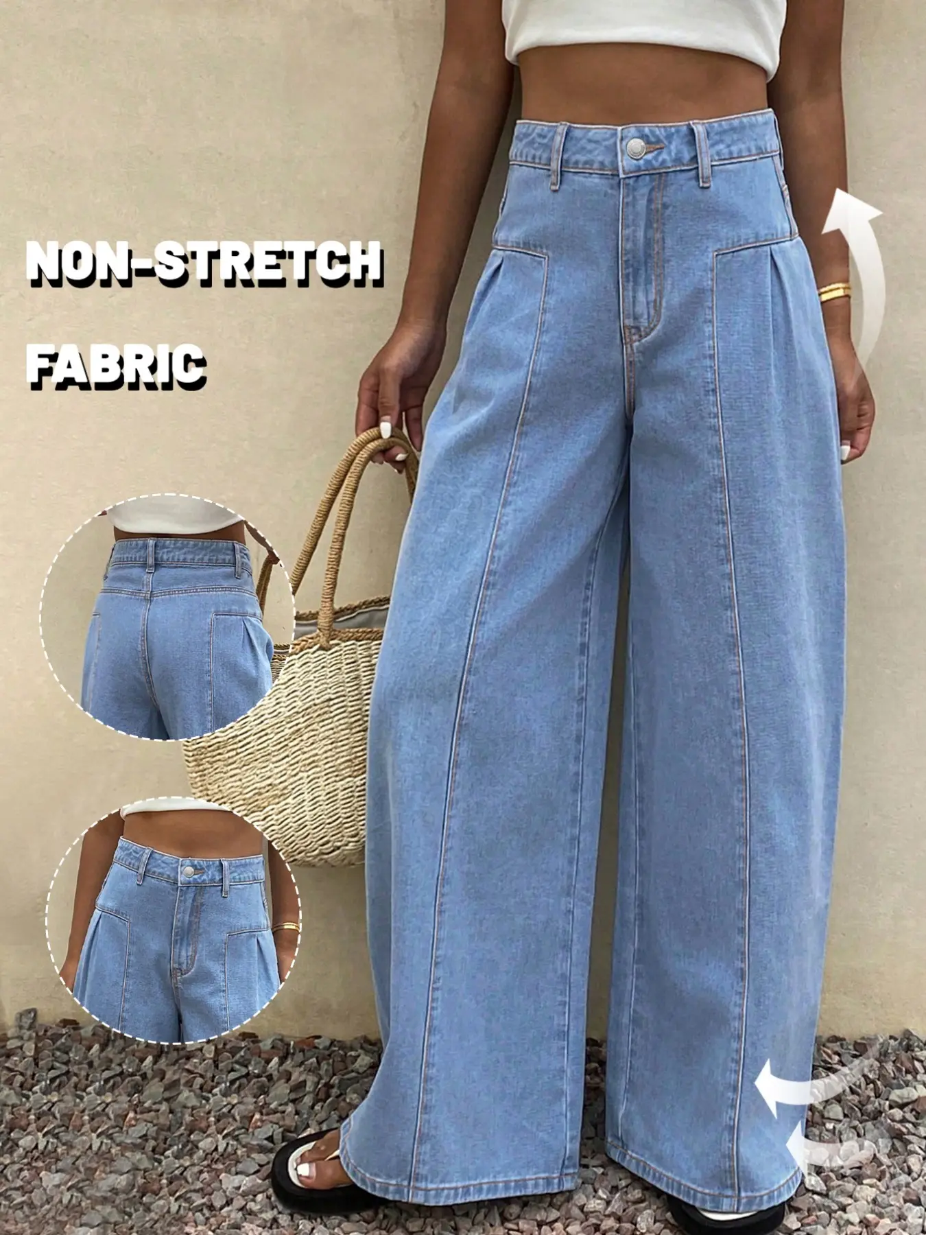 Lkuily Women's Light Wash Single Button Front Double Pleats Vertical Stitch Wide Leg Floor Length Jeans, Drape Loose Baggy Hip Cover Long Straight Pants, Denim Trousers For Beach Vacation & Summer Lazy Casual Outfits