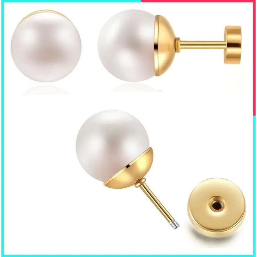 Pearl Stud Earrings for Women, Flat Screw Back Cartilage Helix Earrings, 316L Surgical Steel Piercing Jewelry Gift, 7-10mm Pearl