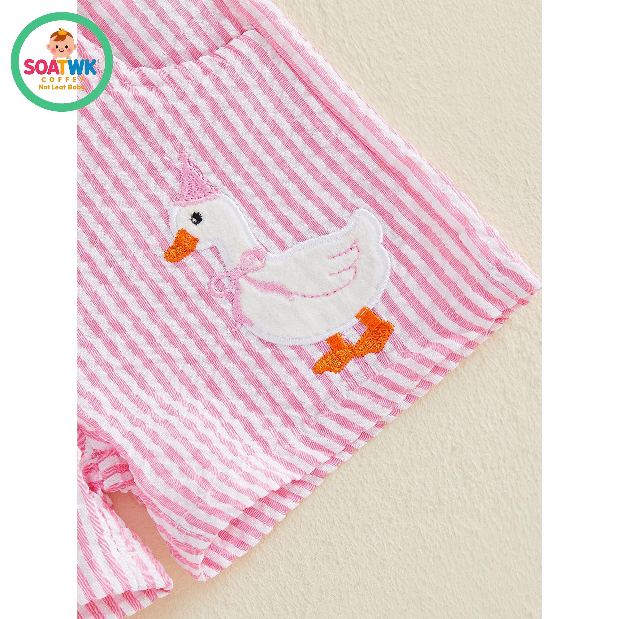 Baby Girls Birthday Outfit, Short Sleeve Embroidery Duck T-shirt with Striped Shorts Summer 2-piece Outfit Baby Girls Birthday Outfit, Short Sleeve Embroidery Duck T-shirt with Striped Shorts Summer 2-piece Outfit