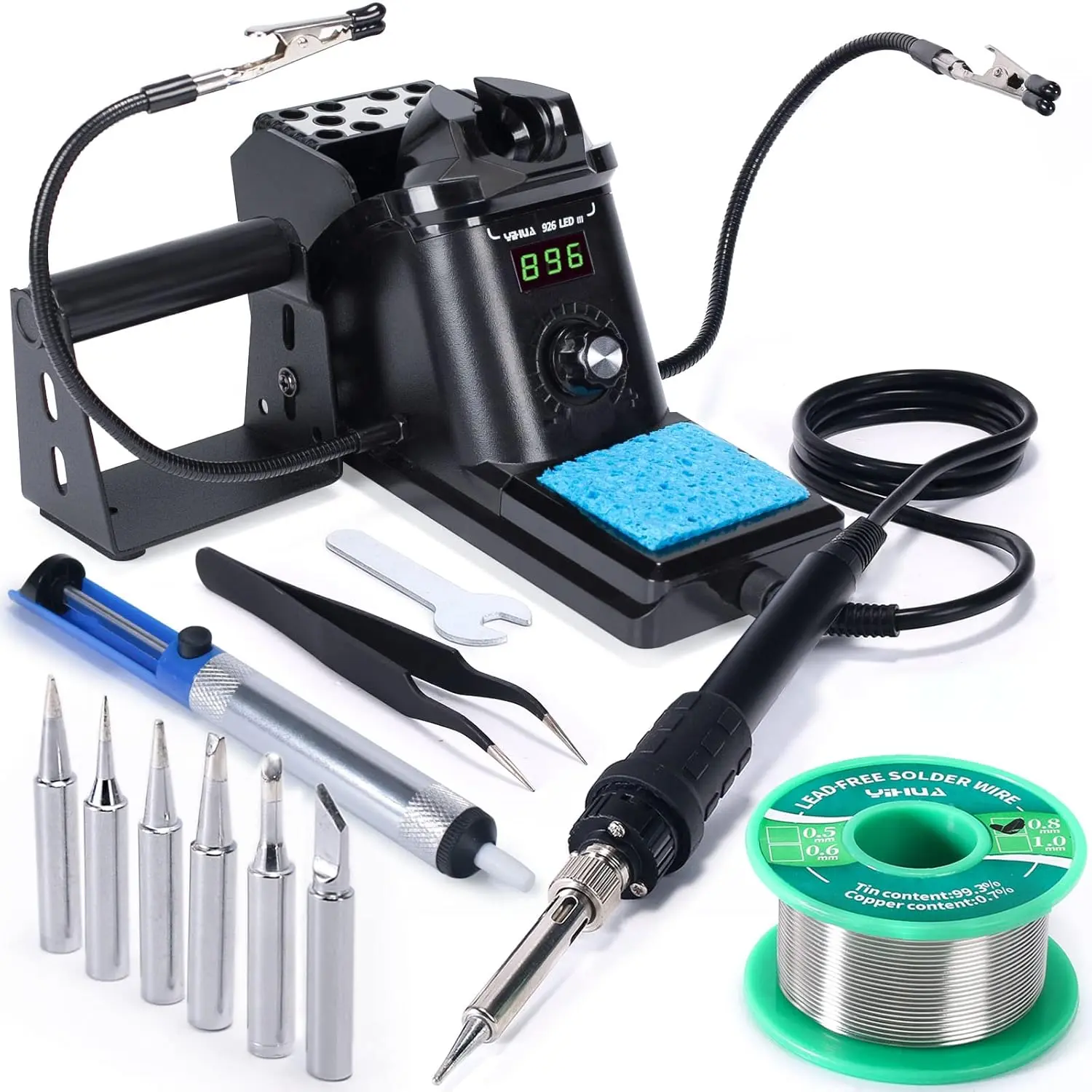 926 III 60W Display Soldering Iron Station Kit w 2 Helping Hands, 6 Iron Tips, Lead-Free Solder,, S/S Tweezers,°C/ºF Conversion, Auto Sleep & Calibration
