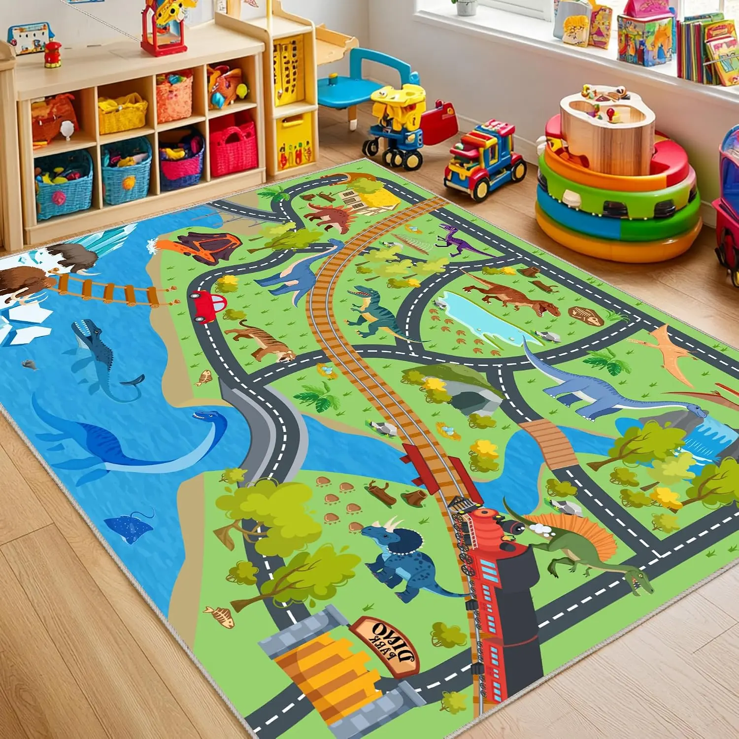 Rugs for Playroom - Non-Slip 3x4 ft  Rug Dinosaur Play Mat | Soft Fabric, Dinosaurs Carpet, Washable  Rugs Road Carpet, for Classroom  Bedroom Boys, Stain and Flame Resistant