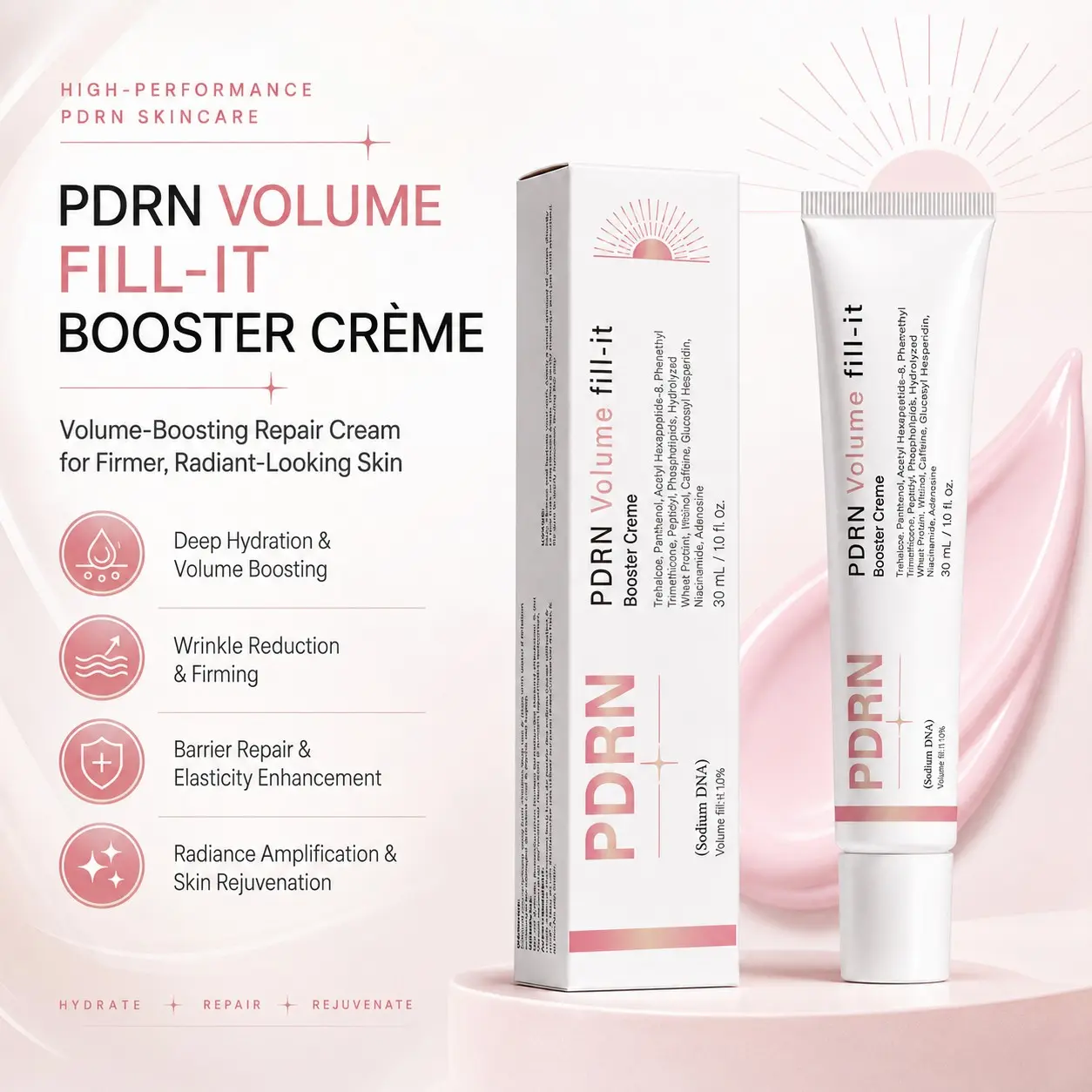 PDRN Volume fill-it Booster Cream 2.5 tube | Facial Volume Plumping with PDRN 15,000ppm Peptides Retinal | For Forehead, Smile Lines & Neck Wrinkles | Anti-Aging Firming | 1.01 fl oz