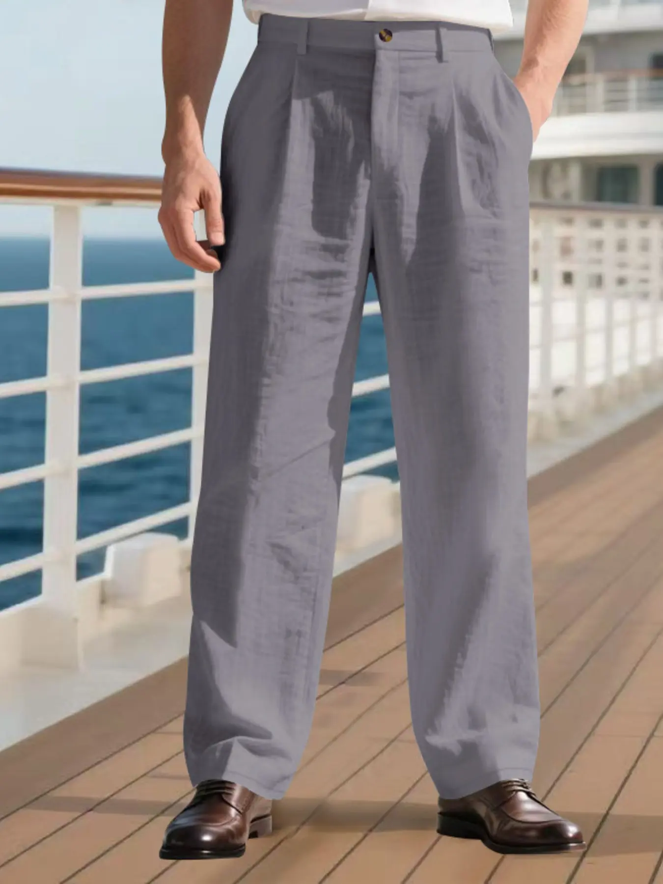 Men's linen texture double pleat straight-leg casual pants - Loose and draping business casual pants - Breathable and slimming for daily commuting and vacation, versatile for all occasions, Business Bottoms