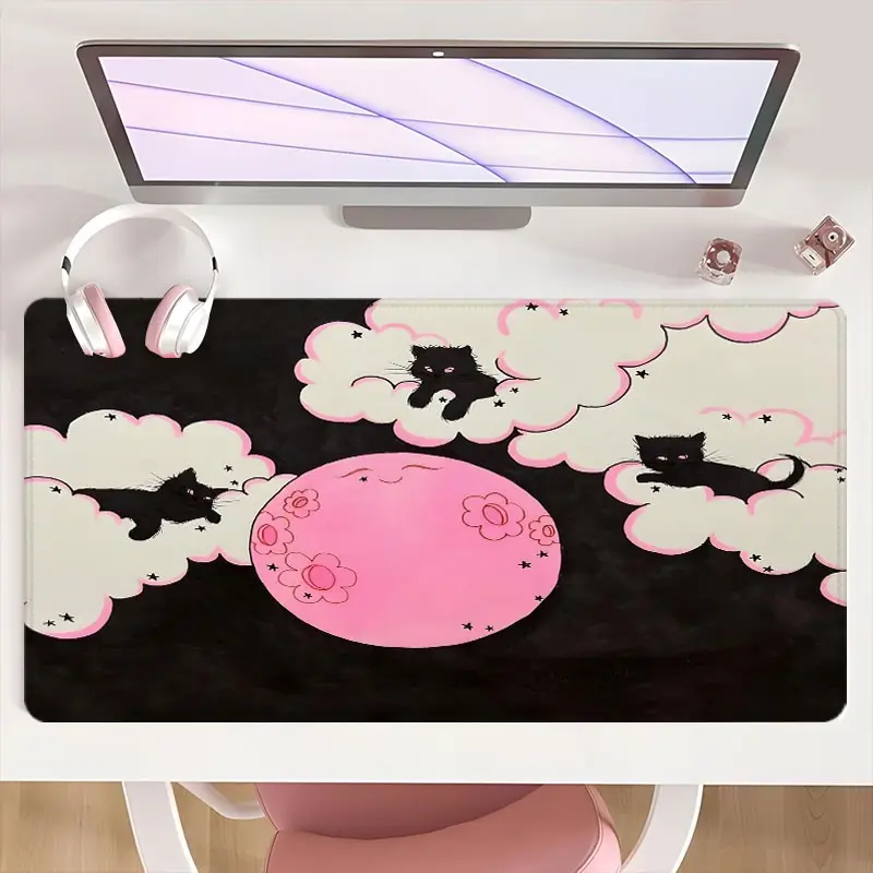 [Mouse Desk Pad] Non-Slip Mouse Pad Large Gaming Mouse Pad With Rubber Base & Stitched Edge Pink Moon Cloud Cat Design Desk Top Protector Mat For Home Office Holiday Gift