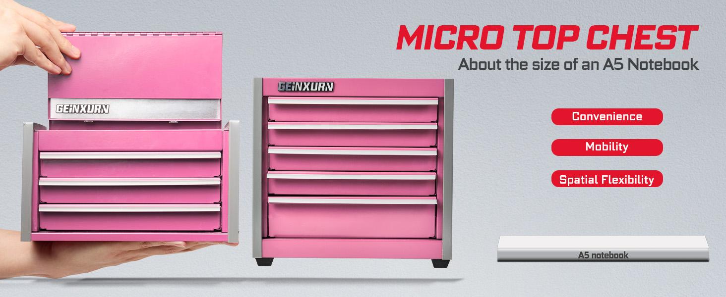 Mini Tool Box 3 Drawer Top Chest and 5 Drawer Roll Cab with Locking Stackable Hand Carry Tool for (Pink)