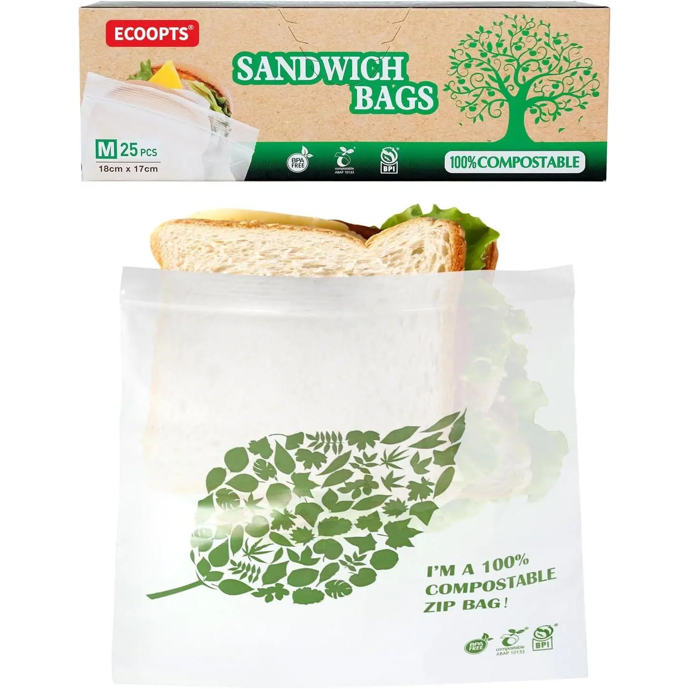 Compostable Sandwich Size  Storage Bags Freezer and Leak Proof, (25 Eco Zip) Seal well for Sandwich or Fruit -Based  (25)
