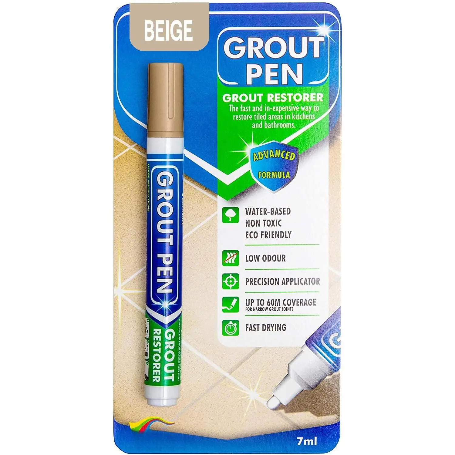 Grout Pen Beige Tile Grout  Marker Restorer - Narrow 5mm Tip (7mL) |  Grout Line Refresher for Kitchen & Bathroom, Colorant and Sealer Pens for Cleaner Looking Grout Lines - Beige
