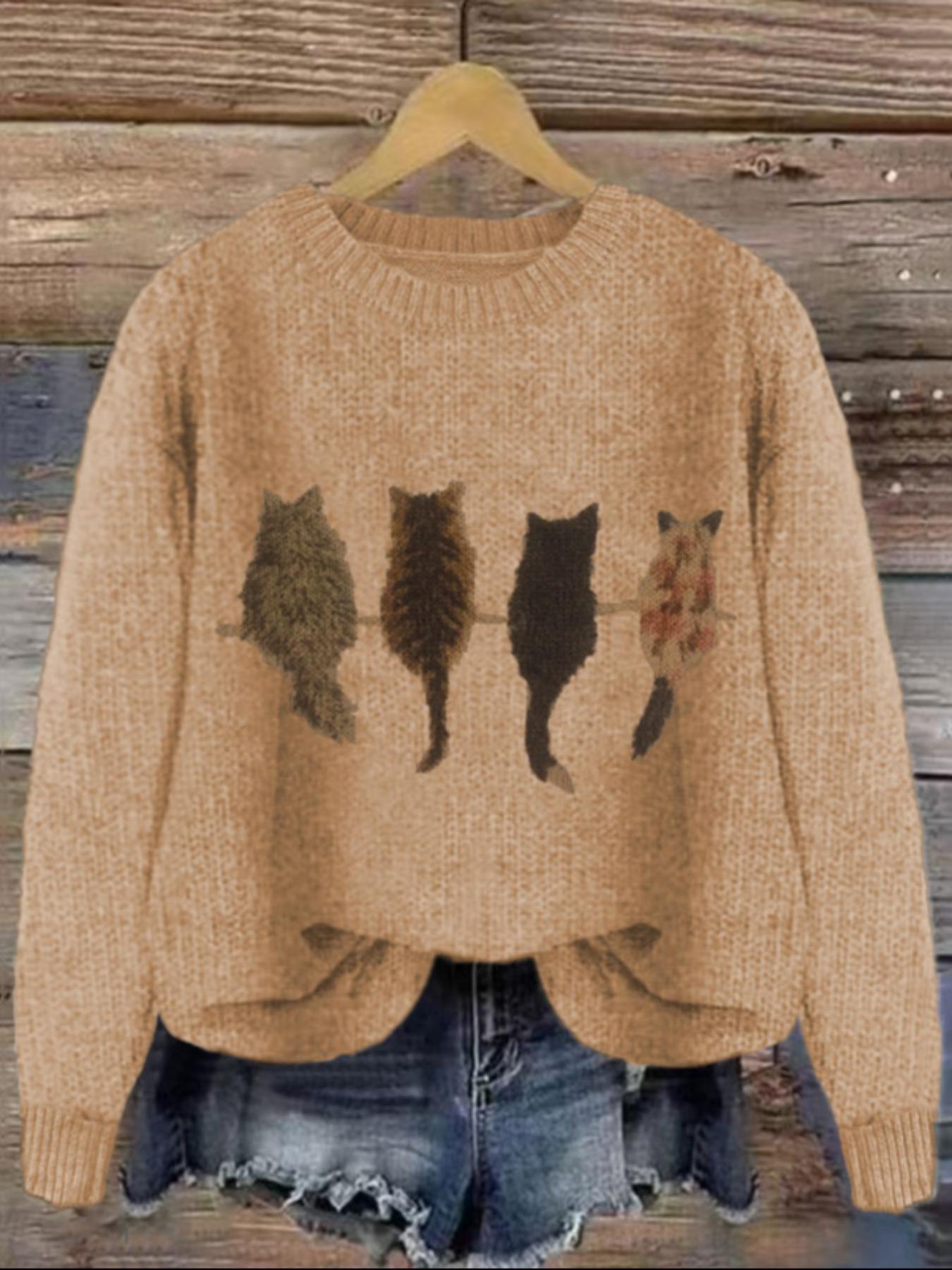 Women's Cat Print Drop Shoulder Knitted Sweater, Casual Long Sleeve Round Neck Animal Print Jumper for Fall & Winter, Fashion Ladies' Knitwear for Daily Wear, Womenswear