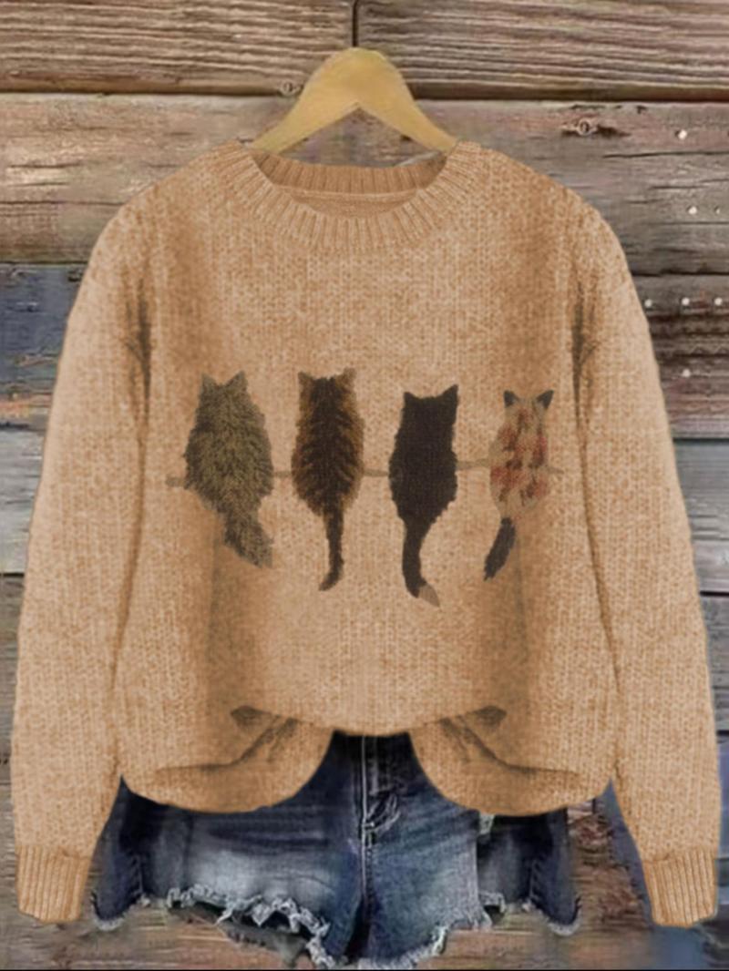 Women's Cat Print Drop Shoulder Sweater, Casual Long Sleeve Round Neck Jumper for Fall & Winter, Fashion Ladies' Knitwear for Daily Wear
