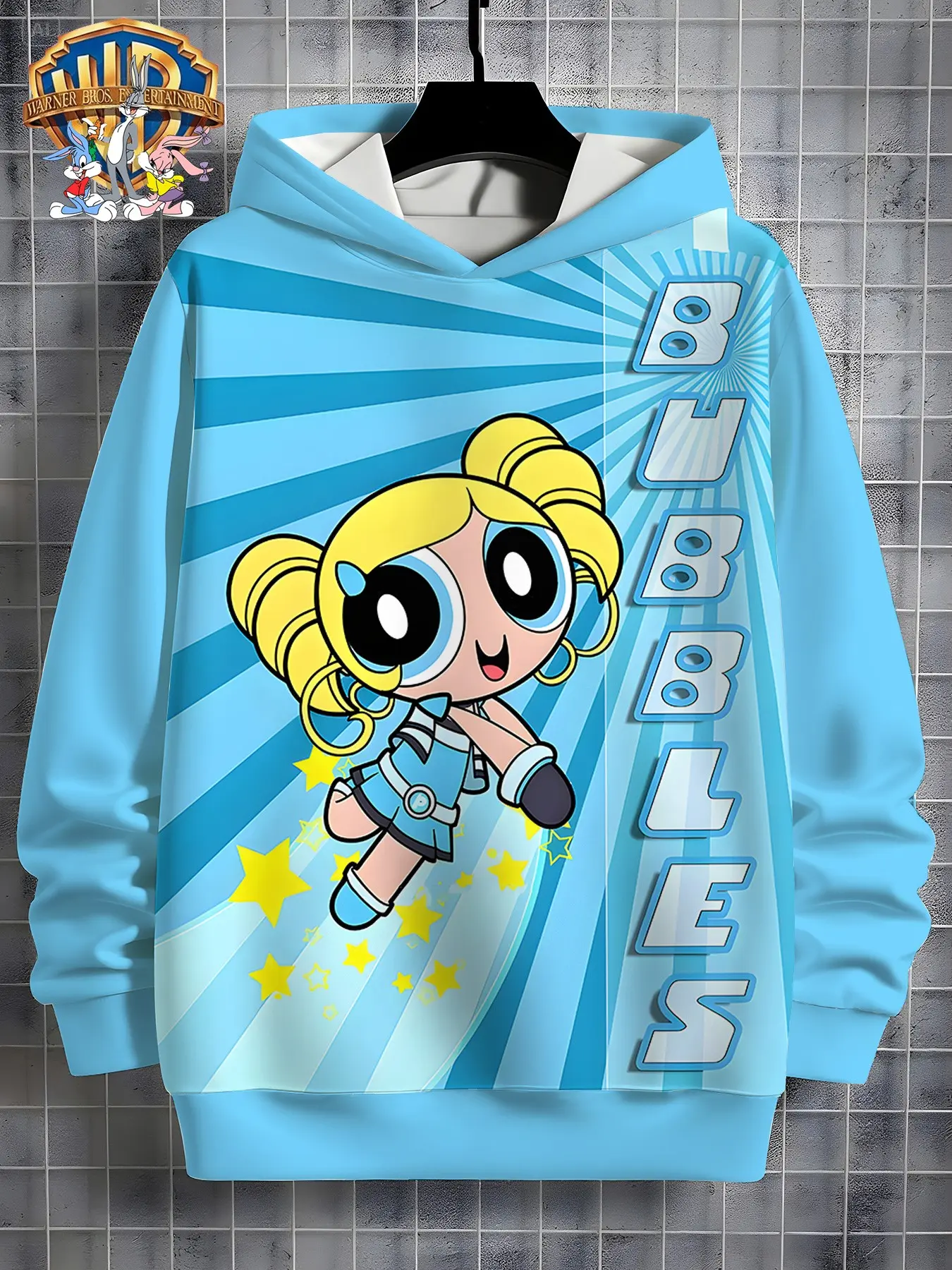 Wb Official the Powerpuff Girls Bubbles Blue Radiant Pattern Kids Hoodie, Girl Ip Character Casual Return-To-School Jacket, Loose-Fitting Fall&winter