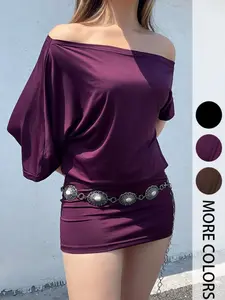 Women's Batwing Sleeve Dress, Solid Color Dress for Daily Outdoor Wear, Ladies Clothes for Summer