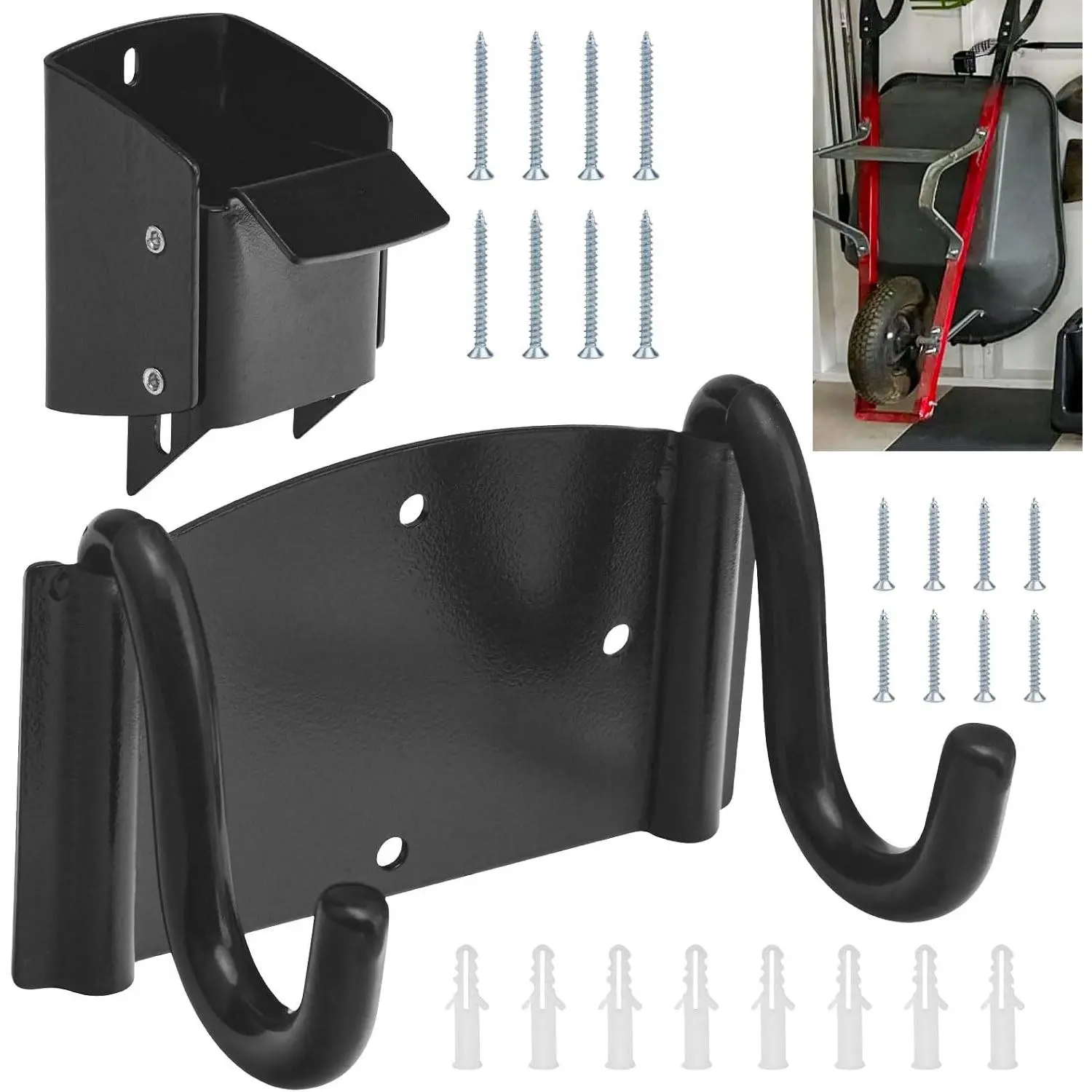 Wheelbarrow Storage Bracket for Storage Use - 90lb Capacity Heavy-Duty Hook, Fits Most Wheelbarrow Designs, Equipped with Spring Latch Safety Catch Lift Feature