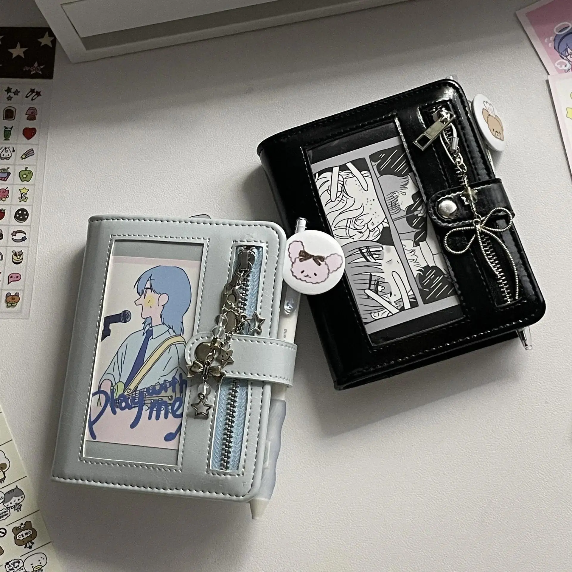 Portable Retro M5 Loose Leaf Notebook Soft Zip PU Clip-on Black Blue with 40 Sheets Inner Page Korean Stationery Notebook Diary