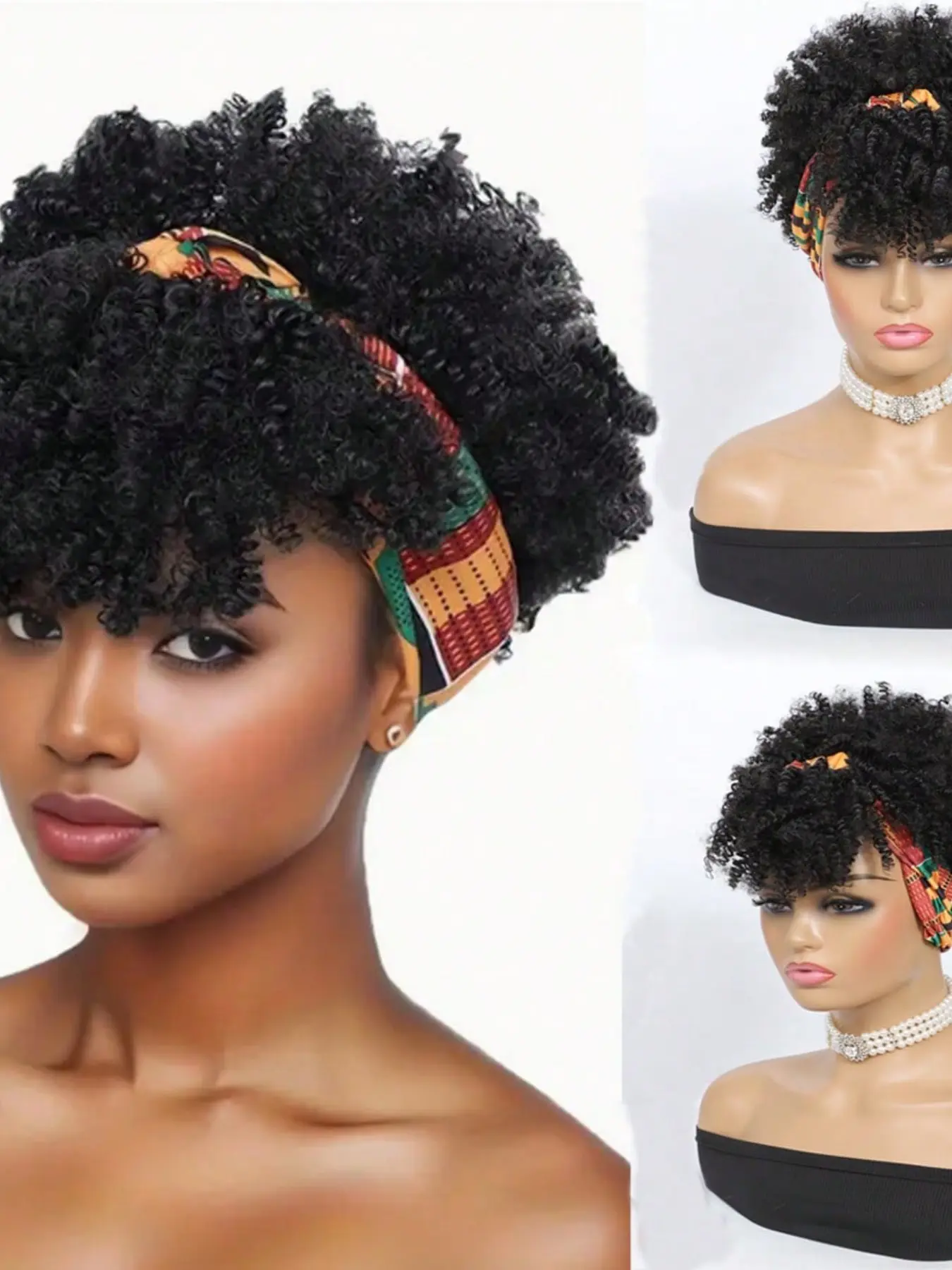 Headband Wigs for Women, Afro Kinky Curly Wig with Synthetic Short Hair, Headband Attached Headwrap Wigs, Kinky Curly Headband Wig