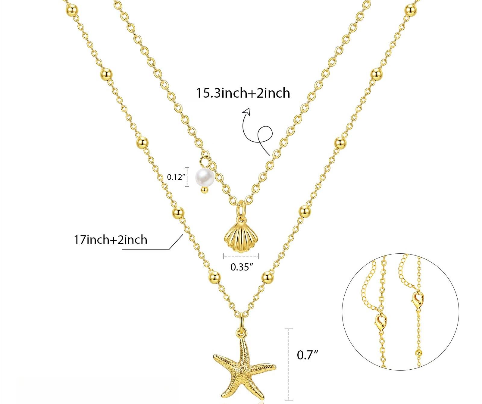 Necklace for Women,Layered Starfish Conch SeaShell Pearl Pendant Charm Necklace Stack Waterproof Dainty Beach Jewelry for Summer Vacation