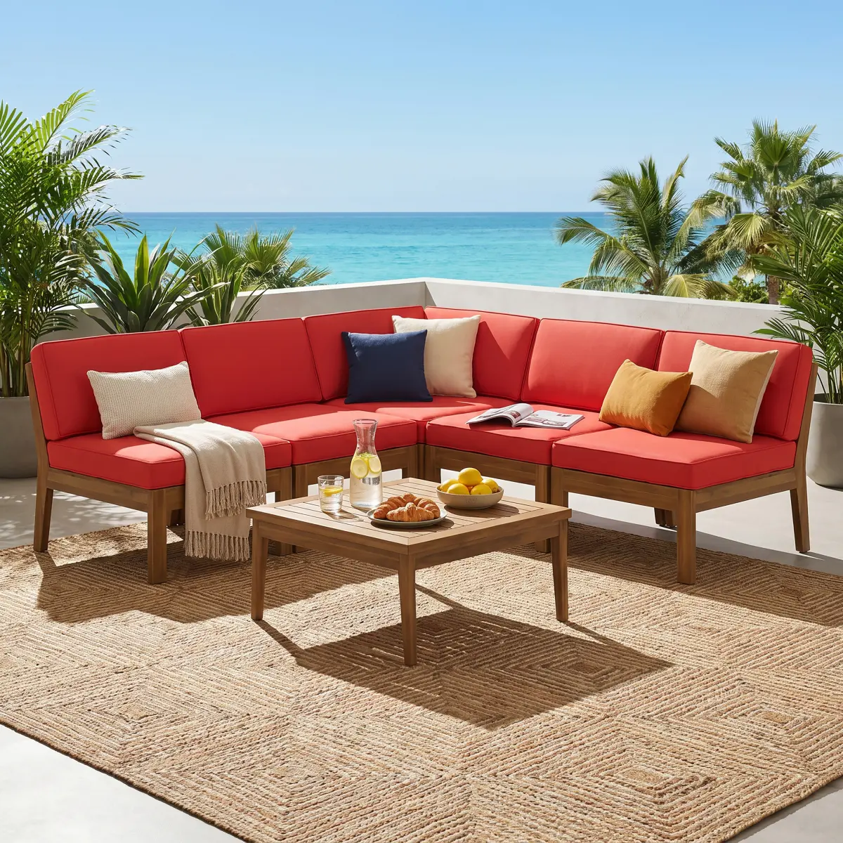 AobtkelChristopher Knight Home® GRENADA 5 SEATER ACACIA WOOD SECTIONAL ARMLESS SOFA SET, TEAK+RED