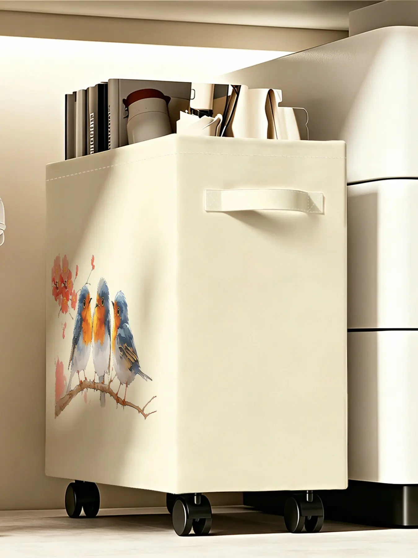 Open Storage Box with Robin Pattern 2D Print, Rolling Mobile Trash Bin with Handle, Open-Top Design for Bedroom, Study Room, Bathroom
