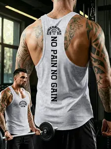 Men's H-Type Sporty Vest, No Pain No Gain Print, High Elastic Breathable, Sleeveless Fitness Top, Daily Wear, Unlined, Fitted