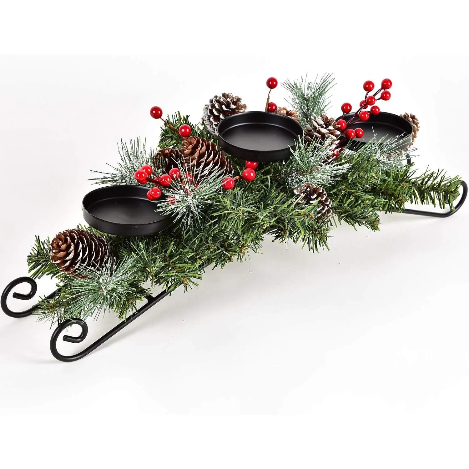 Christmas Candle Holder Table Centerpiece Clearance - Pine Cones and Red Berry Table Centerpiece with 3 Candle Holders for Festival Home Decoration, 20" x 10" x 6"(L x W x H)
