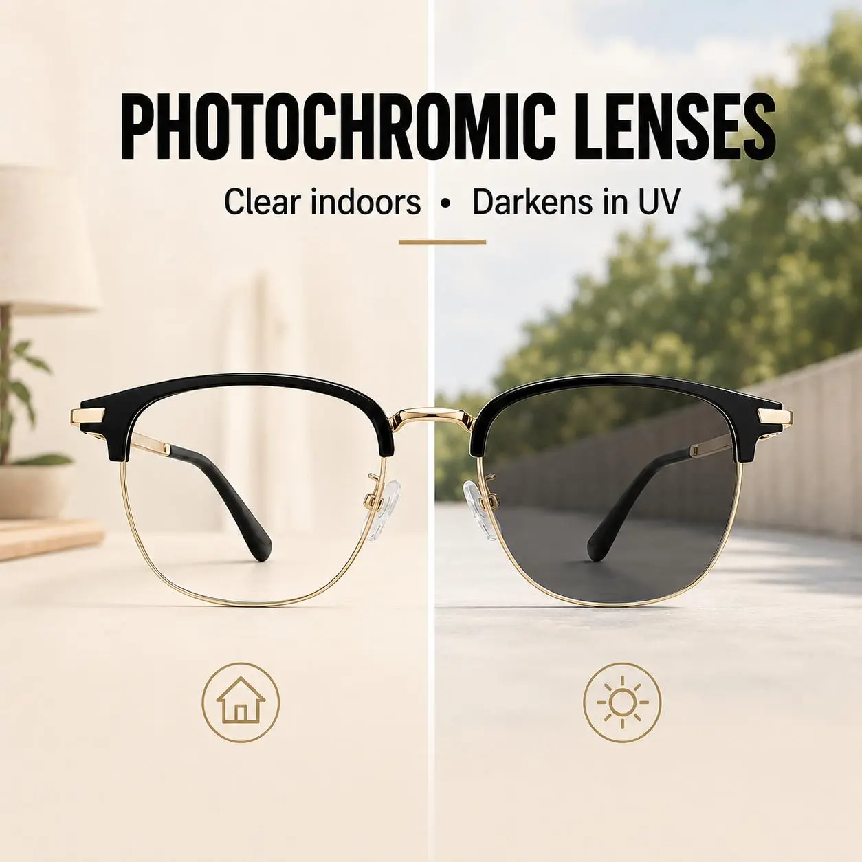 Unisex Black Gold Photochromic Glasses Semi Rimless Blue Light Blocking Eyewear, UV Adaptive Lenses Clear to Dark, Lightweight Fashion Glasses for Men Women Daily Use
