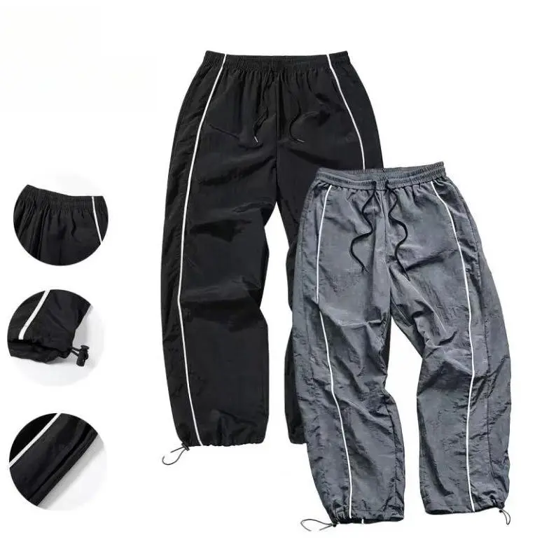 Male Polyester Men’s Casual Athletic Pants - Mid-Rise Drawstring, Contrast Piping, Straight-Leg Cut, All-Season, Gym/Running, Machine Washable Athleisure Bottoms