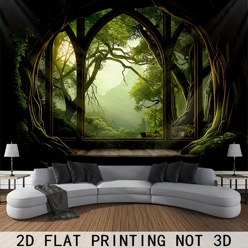 2D Printed Tree Hollow Tapestry, Gothic Window Design, Forest & Mountain Scenery Wall Hanging. Suitable for Bedroom, Living Room and Dorm. Comes with Free Hooks. Indoor & Outdoor Decor, Fabric Wall Art for Home. artwork