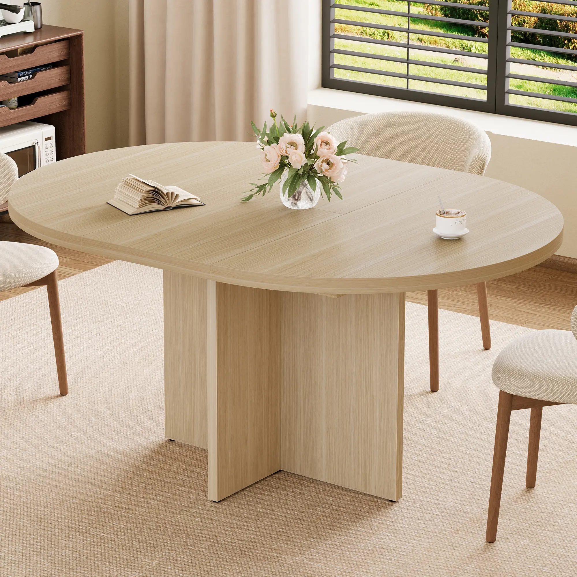 Space-Saving Extendable Round Dining Table, Modern Black Wood Grain Finish with Removable Leaf, Sturdy Cross Wood Base, Convertible Oval Kitchen Table for Dining Room or Living Room