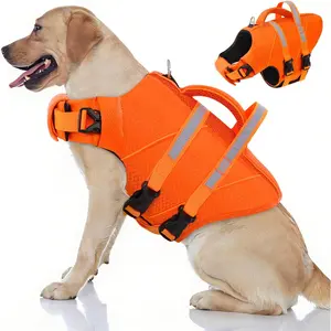 Queenmore XL Dog Life Jackets for Swimming, Boating & Lake, High Buoyancy Ripstop Reflective Pet Life Vest with Rescue Handle & Leash Hook for Large Dogs 50-90 lbs, Orange