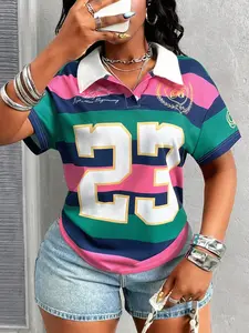 Women's Multi-color Striped No.23 Printed Polo Shirt, Color Block Short Sleeve Collared Top, Street Style Summer Casual Outfit