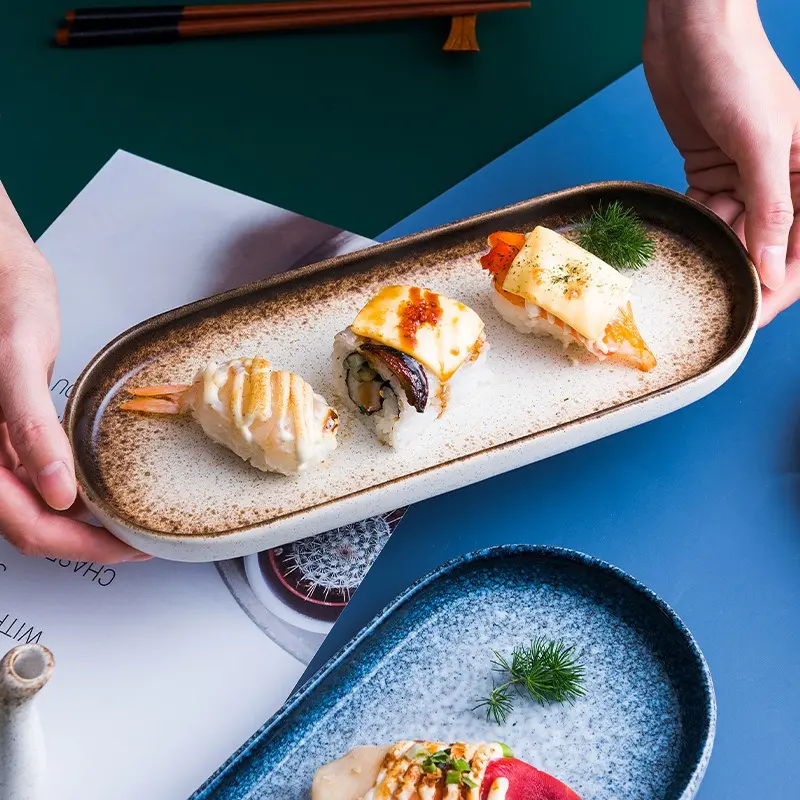 Sushi plate ceramic plate long strip popular online pastry plate fish plate tableware flat plate dinner plate rectangular oval plate