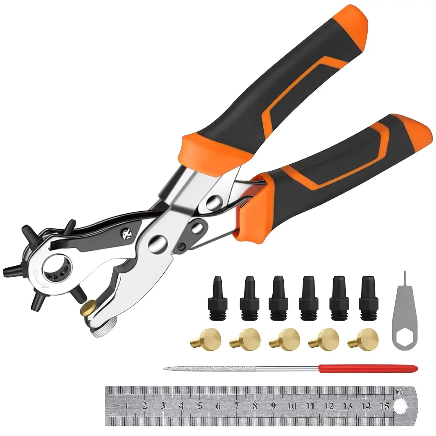 Heavy Duty Revolving Punch Plier Kit,  Leather Hole Punch, 6 Sizes | Double Lever Design,  Effortless, 5 Replaceable Base, 6 Punching , Fully Equipped for Belts, Craft Projects, Orange