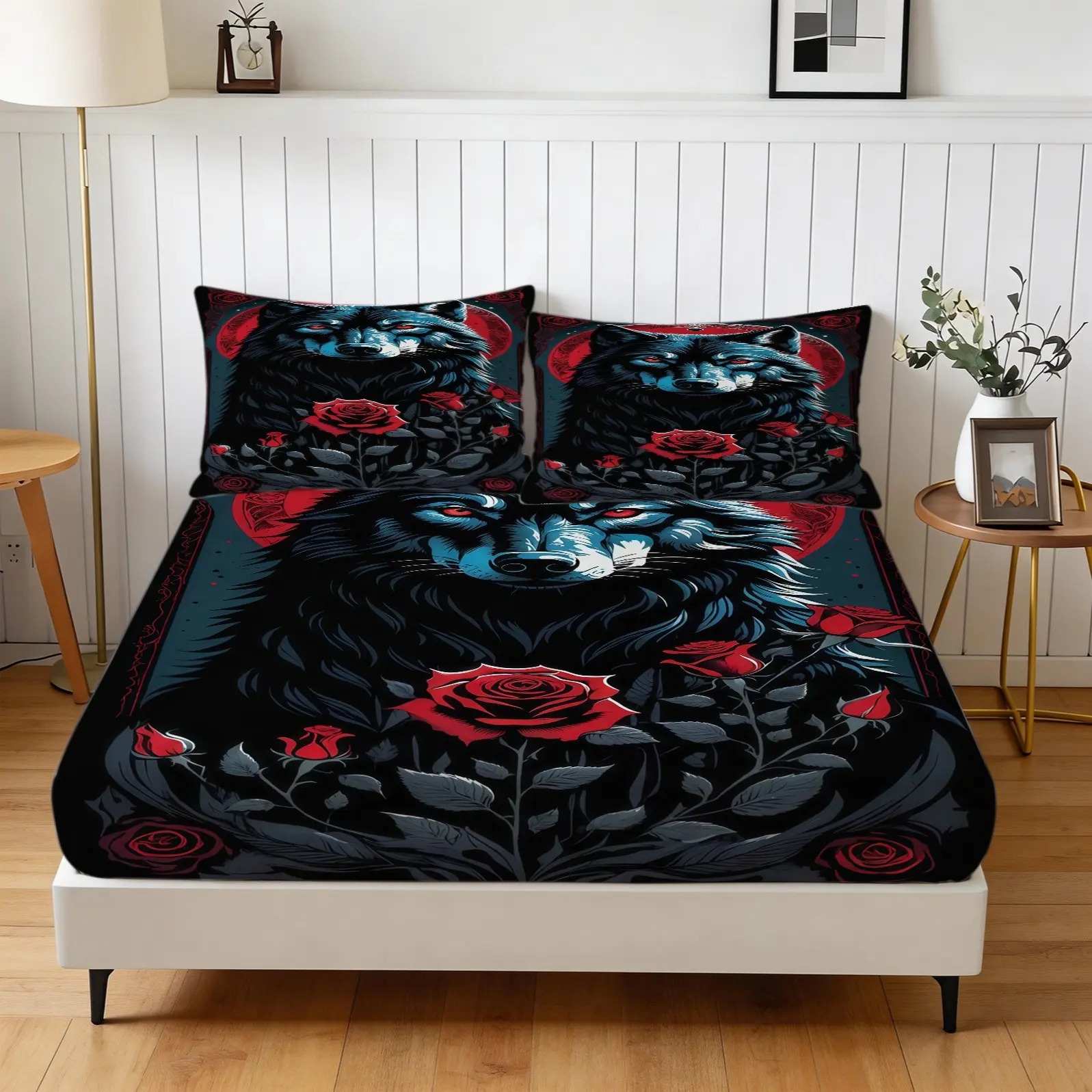 3-Piece Wolf Theme Pattern Fitted Sheet Set, Soft And Comfortable Bedding Set (1 Sheet + 2 Pillowcases, No Pillow Core), Suitable For Teenagers And Adults, Guest Rooms, Dormitories, And Master Bedroom Scenarios, Bedding Sheets
