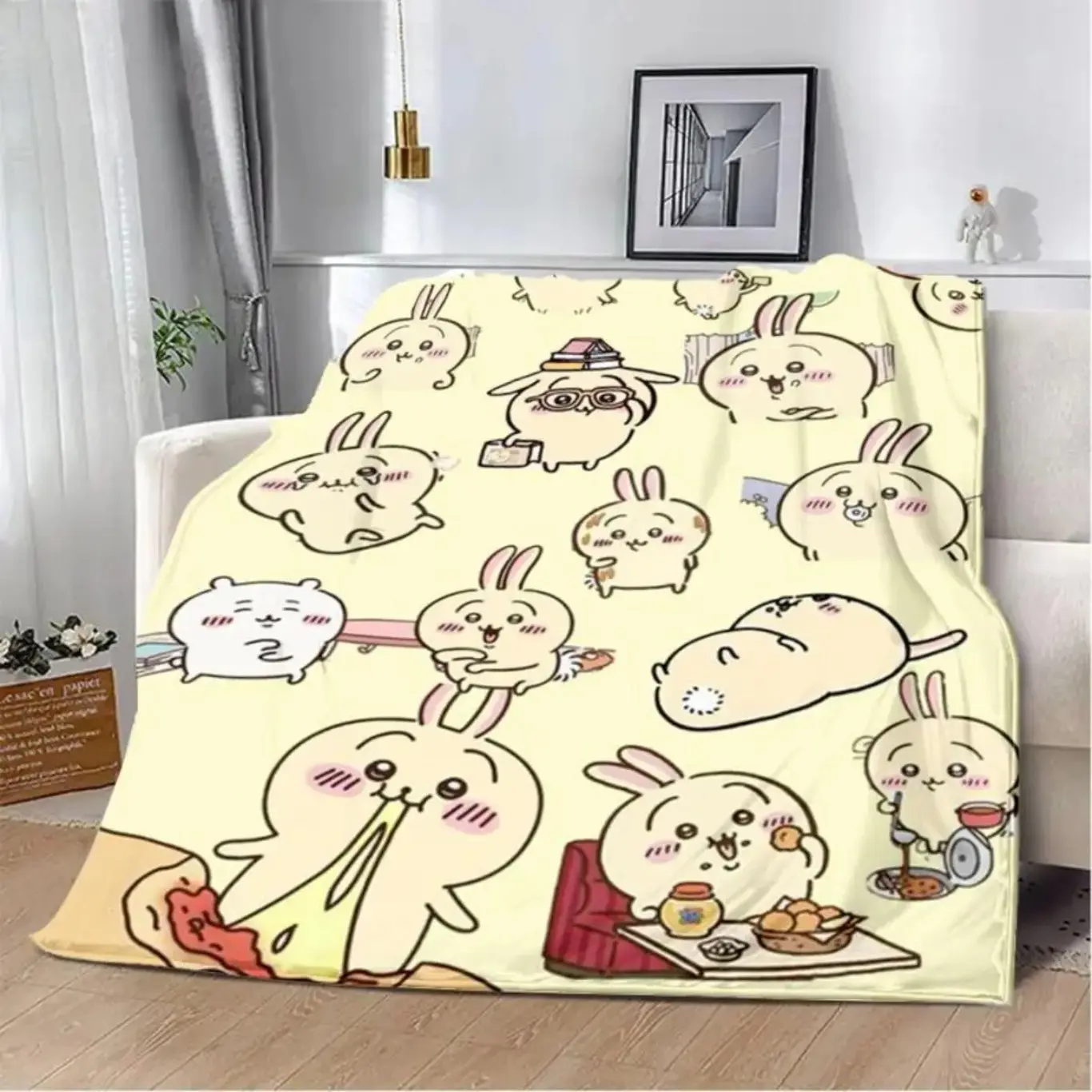 Cute Cartoon Chiikawa Printed Flannel Blanket Soft Cozy Throw Blanket Premium Flannel Material Warm Comfortable Lightweight Blanket for Home Sofa Bed Office Picnic Travel Camping Decor Birthday Christmas Mother's Day Valentine's Day Gift