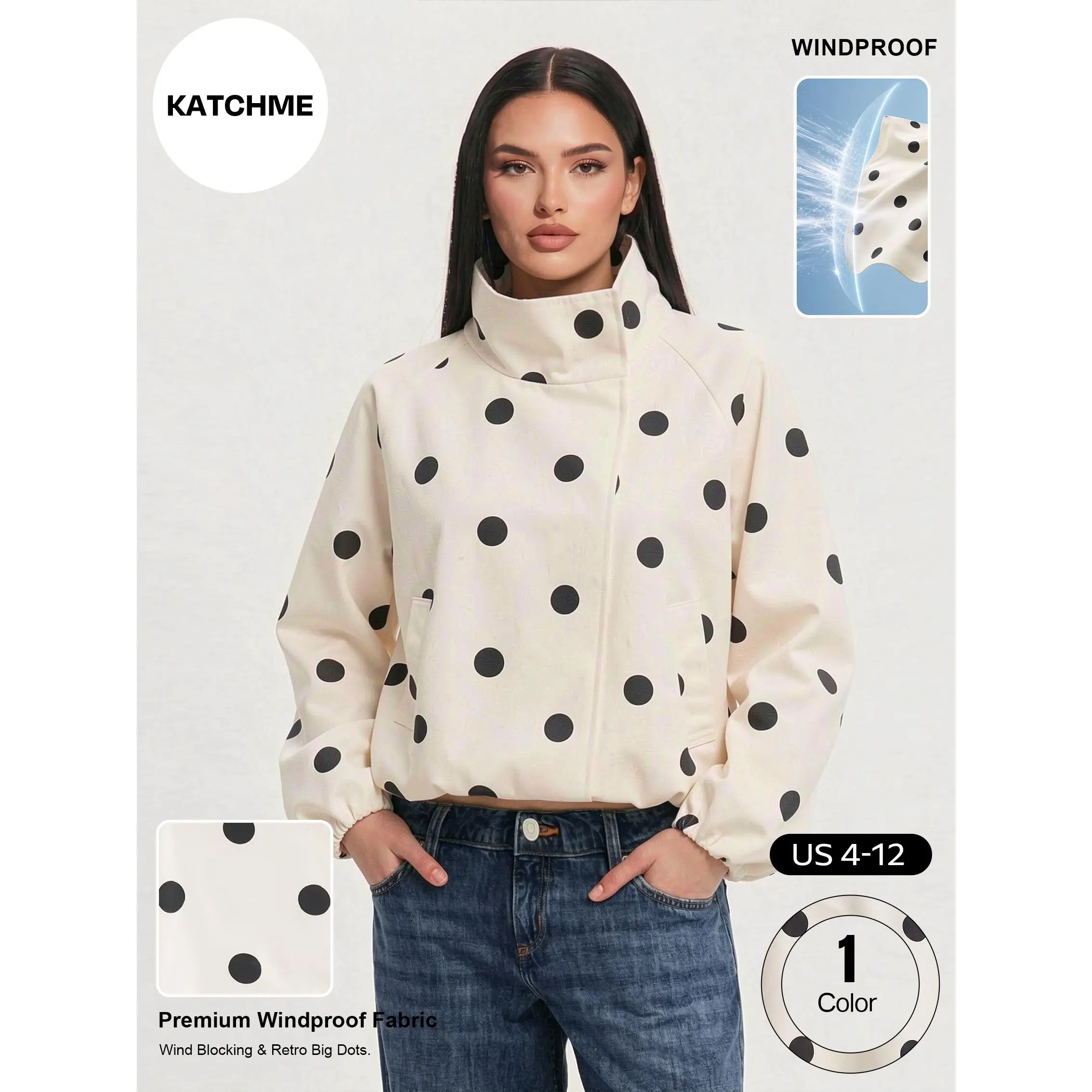 Katch Me Women's Casual Polka Dot Double-Breasted Trench Coat, Versatile Stand Collar Stretch Hem Windproof Bomber Jacket, Durable Loose Outfits, Light Warmth Outerwear #TikTokMadeMeBuyIt #ComfyOutfit #Windbreaker #StreetStyle