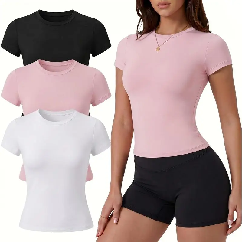 3 Pack Women's Slim‑Fit Workout Tops, Short‑Sleeve Compression Crop Shirts, Athletic Tees for Gym, Yoga & Running, Breathable Sport Active Tops