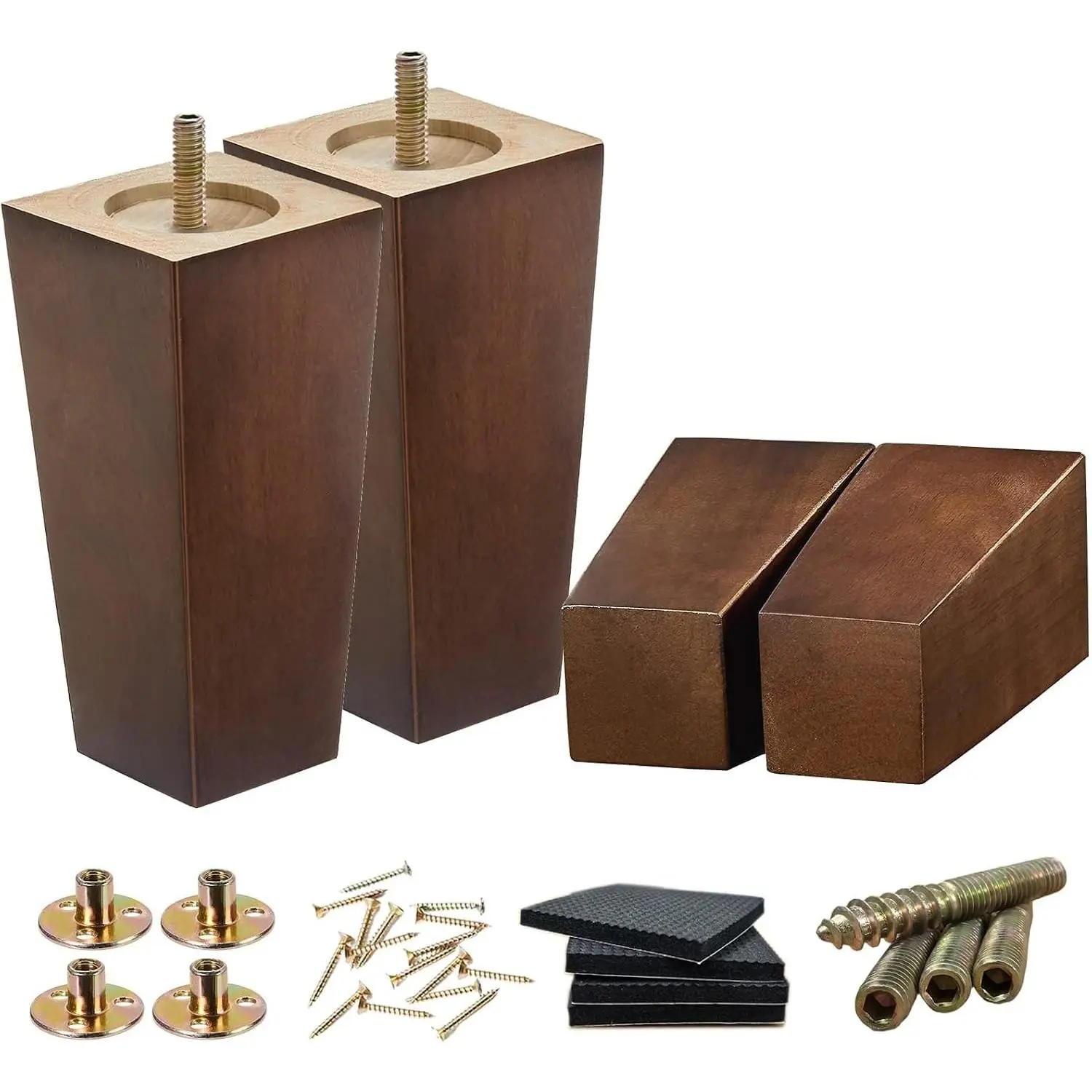 6 Inch Wood Couch Legs - Sofa Legs Replacement for Dresser, 4PC | 1500lbs heavy duty square feet; fits furniture, cabinet, chair, bed; M8 & 5/16 hanger bolts; robot vacuum clearance; brown.