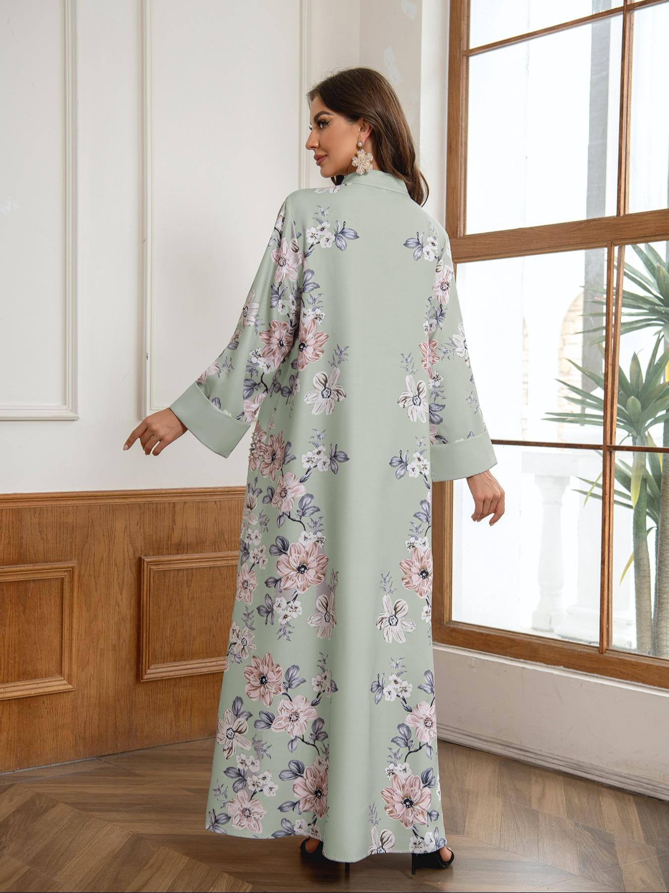 Women's Floral Print Long Sleeve Kaftan Dress, Elegant Fashion Casual Modest Style Dress for Daily Outdoor Wear, Women's Islamic Clothing for All Seasons, Classy Modest Dresses, Modestdresses