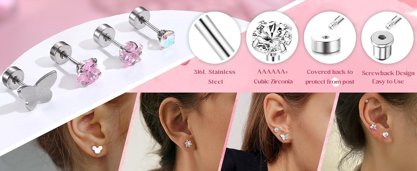 CASSIECA 16 Pairs Hypoallergenic Screw Back Earrings for Women 316L Stainless Steel CZ Pearl Ball Heart Flower Screwback Flat Back Stud Earrings Jewelry Gift Women Multicolored Pink earrings lovers CASSIECA 16 Pairs Hypoallergenic Screw Back Earrings for Women 316L Stainless Steel CZ Pearl Ball Heart Flower Screwback Flat Back Stud Earrings Jewelry Gift Women Multicolored Pink earrings lovers