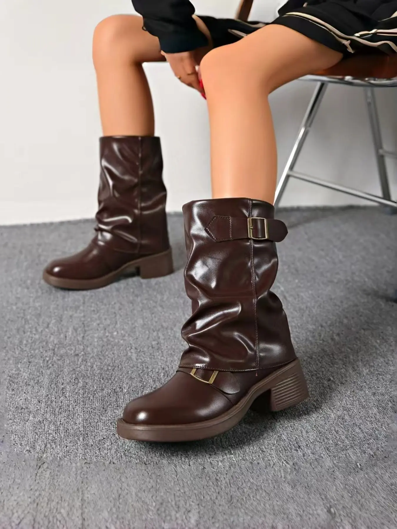 Metal Buckle Mid-Calf Slouchy Boots, Round Toe Thick Heel Anti-Slip Design, Dual Side Strap Decor, Loose Cuff Leg Shaping, Casual Commuter Shoes