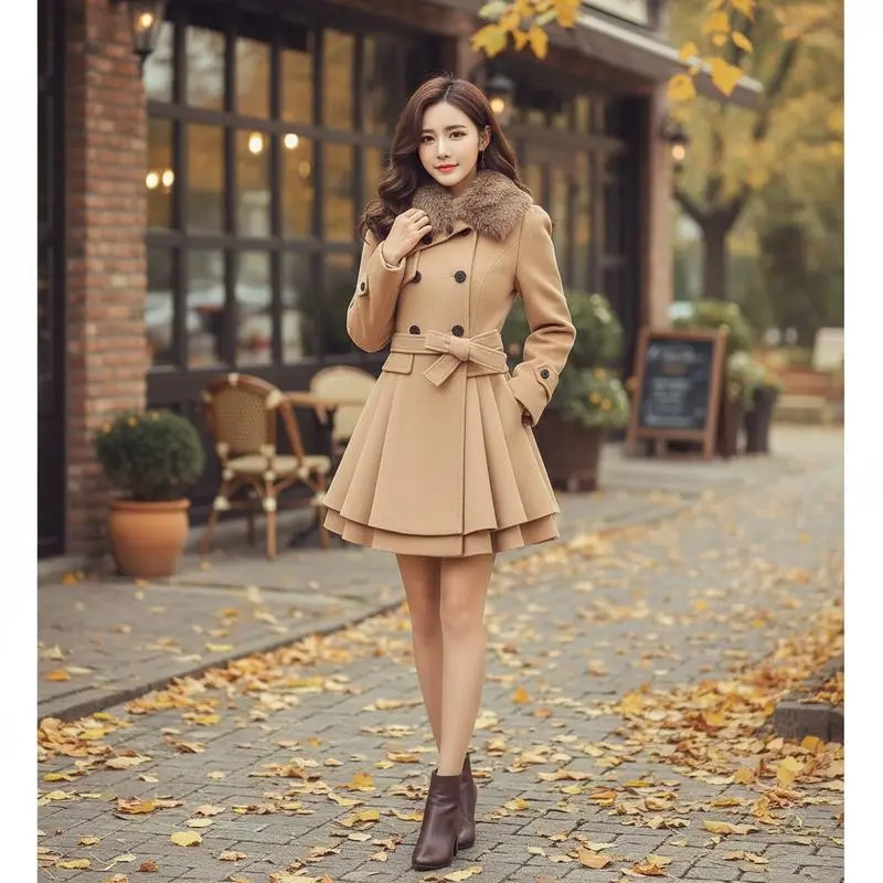 Women's Slim Fit Long Woolen Double-Breasted Trench Coat - Classic Winter Warm Overcoat with Belted Waist Perfect for Office Work Formal Occasions Cold Weather Protection Elegant Fashion Outerwear