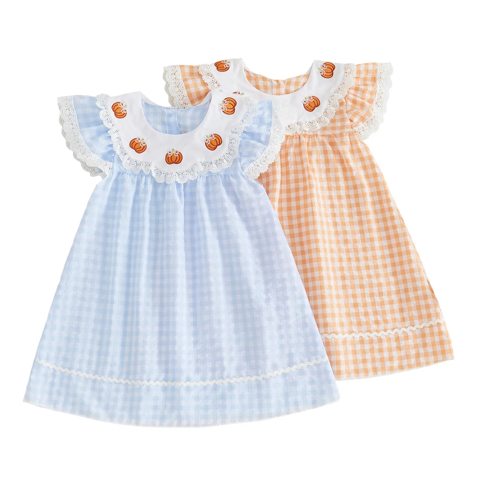 Toddler Baby Little Girls Halloween Dress Pumpkin Embroidery Flying Sleeve Plaid Dress Fall 1-6 Years