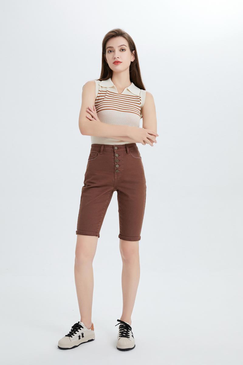 Retro Brown High Waist Denim Shorts, Button Fly Knee Length Bermuda |   Must-Have Y2K Streetwear