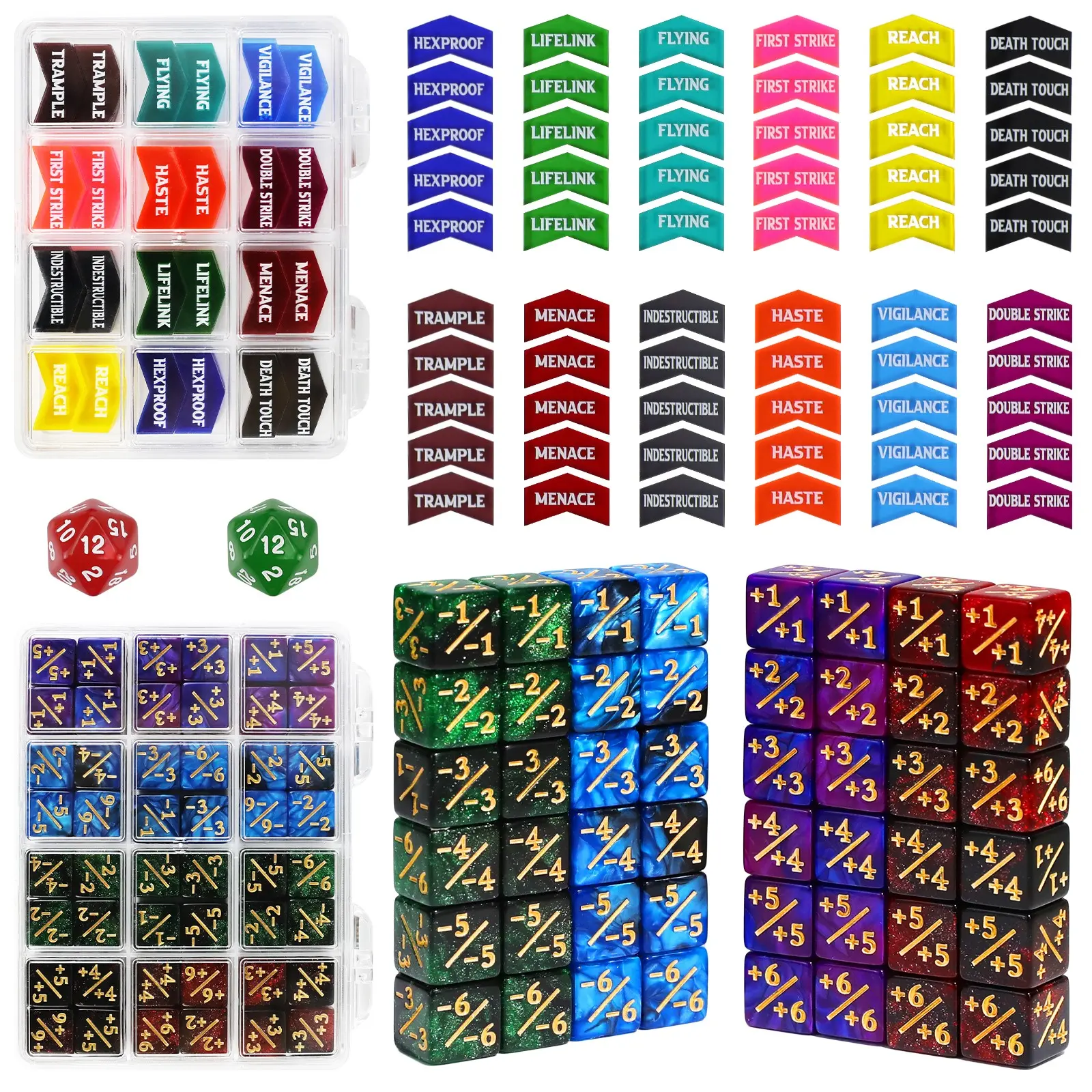 110PCS 12mm/0.47inch MTG Counters Set +1/-1 Dices & Keywords Counter Tokens & for Magic The Gathering,D&D,TCG,Tabletop RPG Card Game Accessories Dice with Storage Case,Dice for Games, Party Game Lovers, Bulk Dice