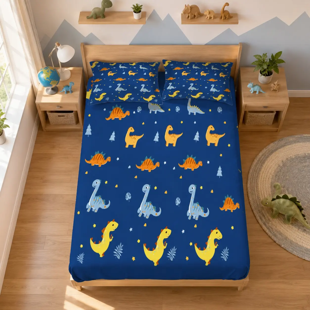 Watercolor Cartoon Dinosaur Fitted Sheet Set, 3 Pcs (1 Fitted Sheet + 2 Pillowcases, No Inserts). Deep Pocket, Soft and Breathable Bedding, for Master Bedrooms and Guest Rooms. Perfect Gift for Home Renovation, Housewarming and Dinosaur Lovers